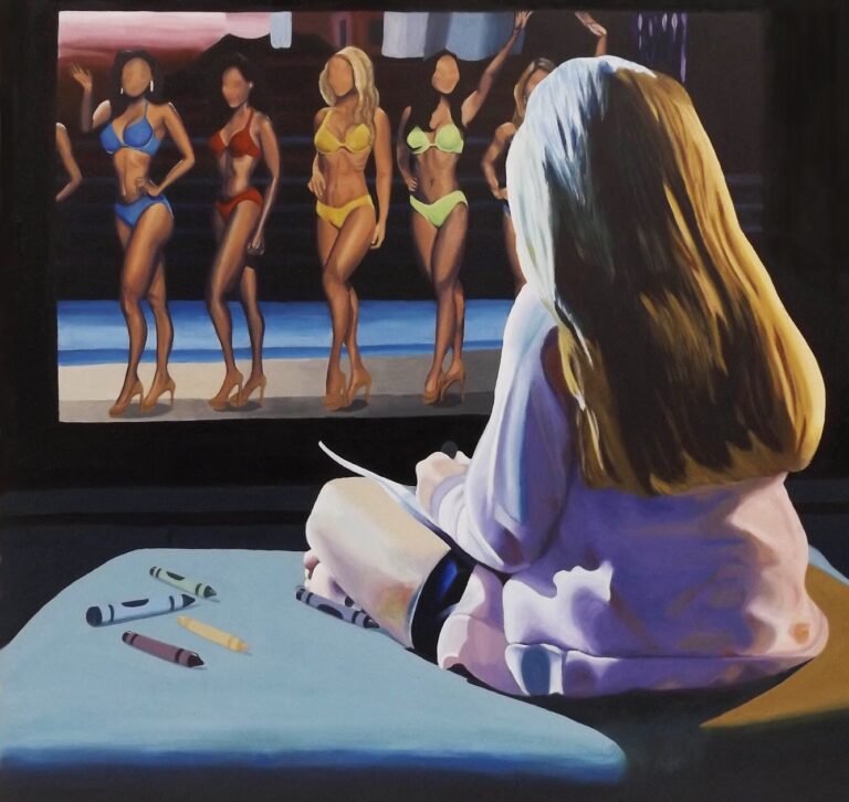 Girl coloring while bikini contest is shown on TV