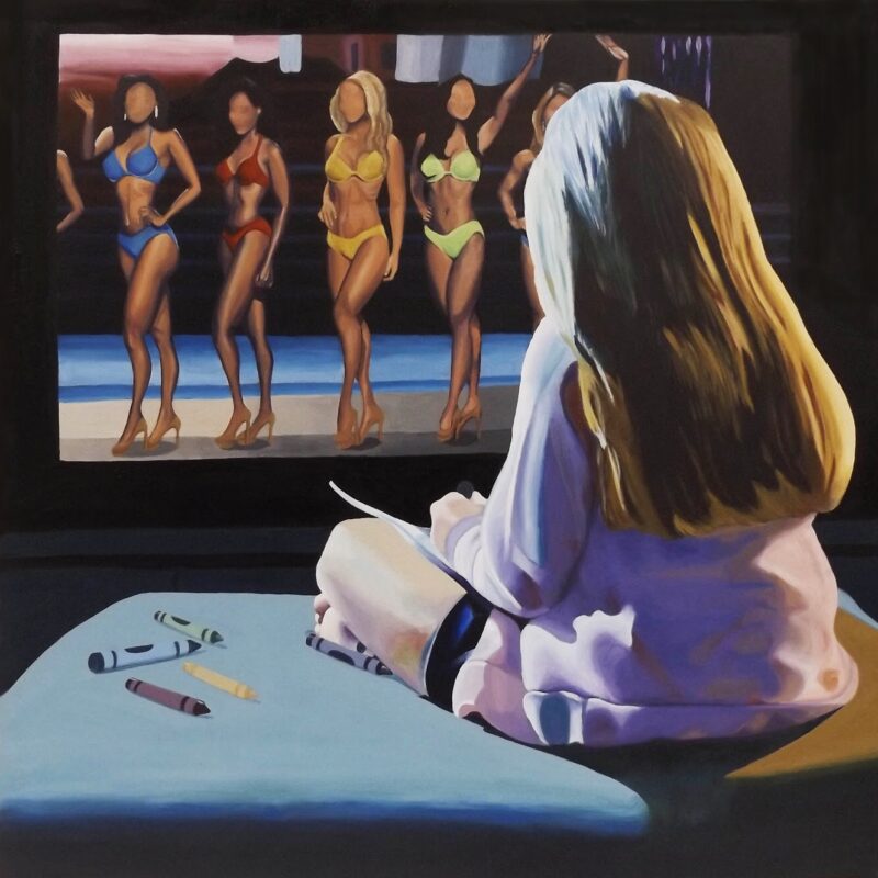 Girl coloring while bikini contest is shown on TV