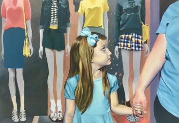 Girl holding mother's hand with thin mannequins behind them