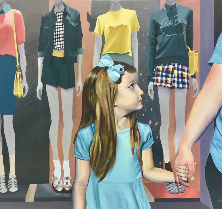 Girl holding mother's hand with thin mannequins behind them