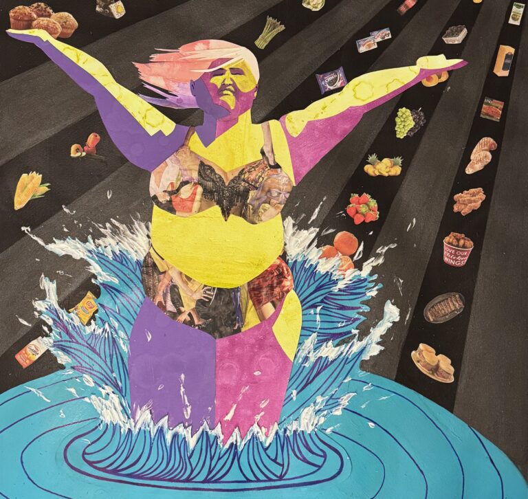 Larger-bodied woman in bathing suit emerges from water with arms out, food items in array above her
