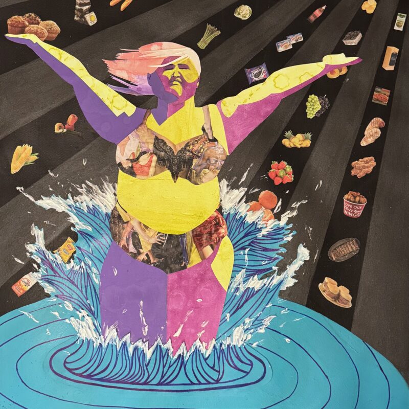 Larger-bodied woman in bathing suit emerges from water with arms out, food items in array above her